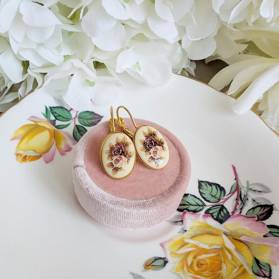 Limoges Inspired Rose Earrings, Vintage Floral Lever Back Earrings in Brass, Silver or Matte Black