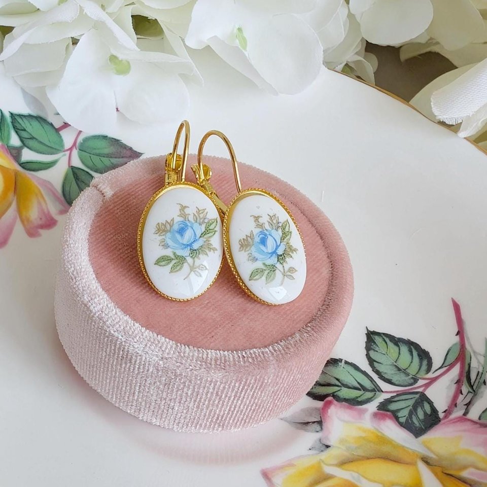 Limoges Inspired Blue Rose Earrings, Vintage Floral Lever Back Earrings in Brass, Silver or Matte Black