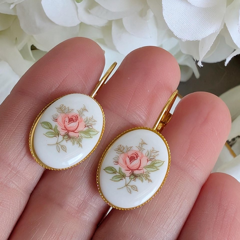 Limoges Inspired Pink Rose Earrings, Vintage Floral Lever Back Earrings in Brass, Silver or Matte Black