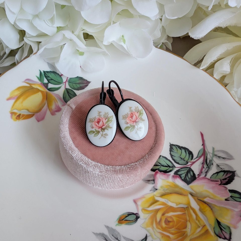 Limoges Inspired Pink Rose Earrings, Vintage Floral Lever Back Earrings in Brass, Silver or Matte Black