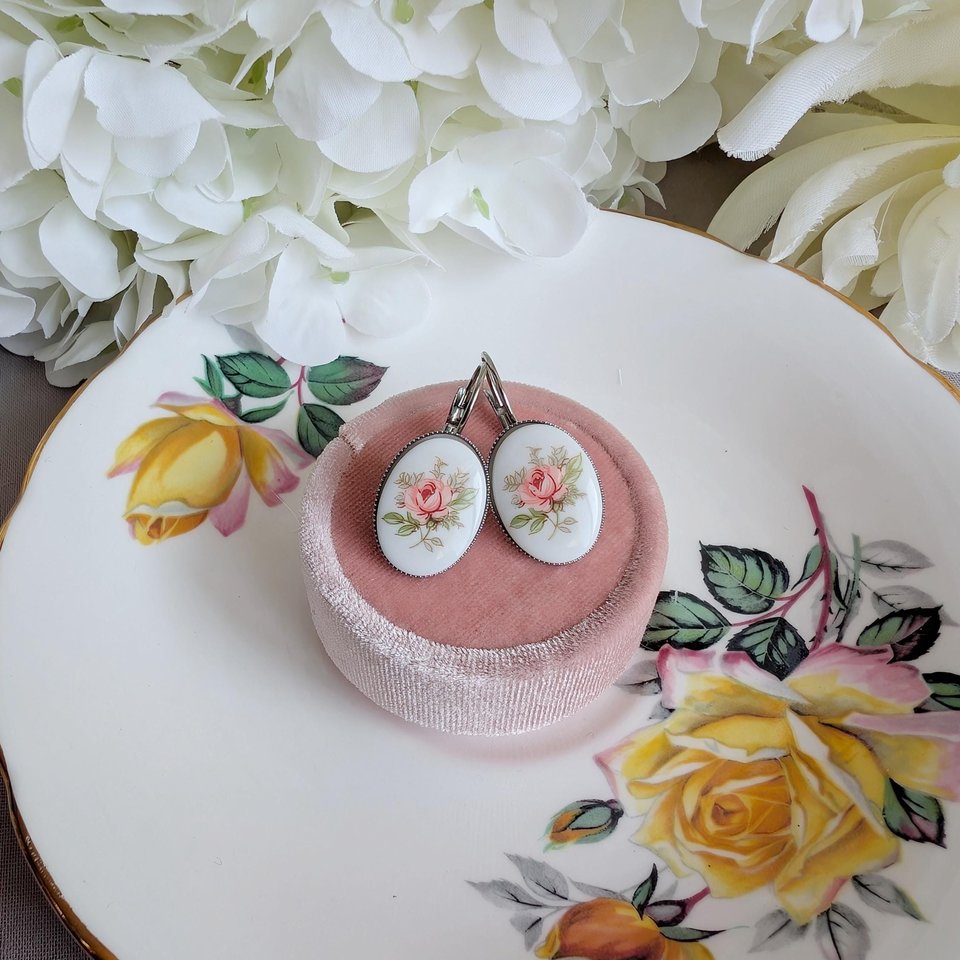 Limoges Inspired Pink Rose Earrings, Vintage Floral Lever Back Earrings in Brass, Silver or Matte Black