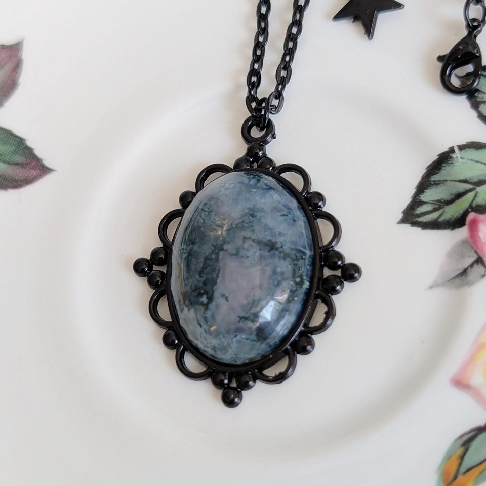 Oval Moss Agate Necklace, Gothic Lacy Black Pendant, Natural Green Gemstone, Vintage Inspired Jewelry