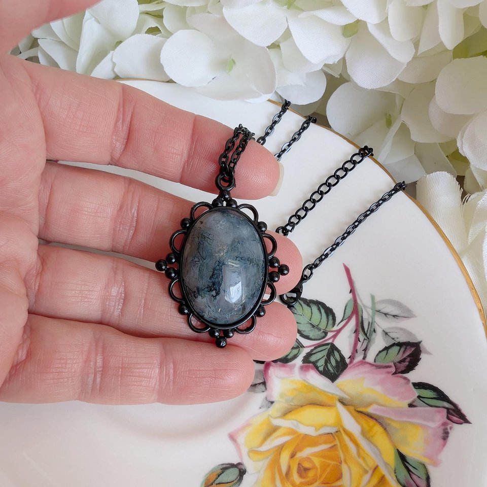 Oval Moss Agate Necklace, Gothic Lacy Black Pendant, Natural Green Gemstone, Vintage Inspired Jewelry