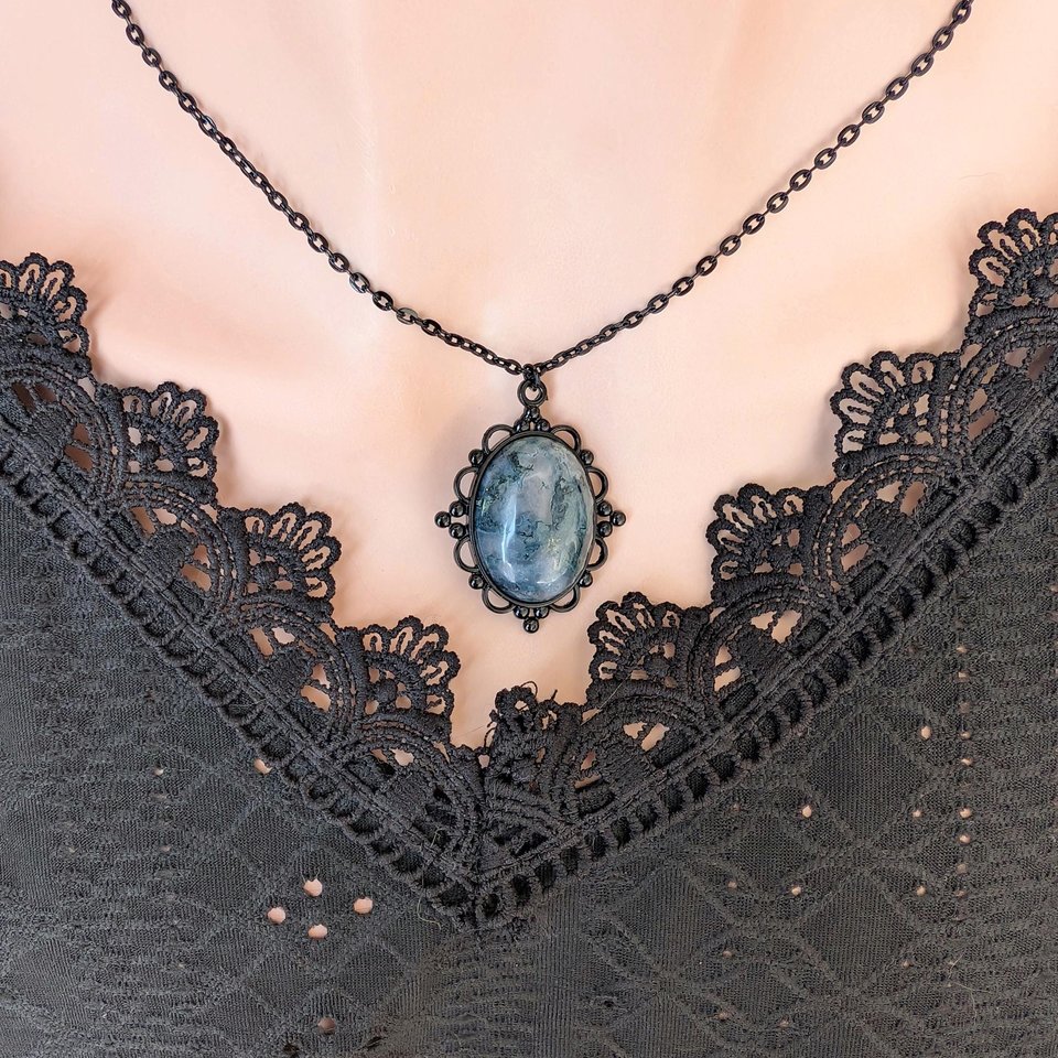 Oval Moss Agate Necklace, Gothic Lacy Black Pendant, Natural Green Gemstone, Vintage Inspired Jewelry