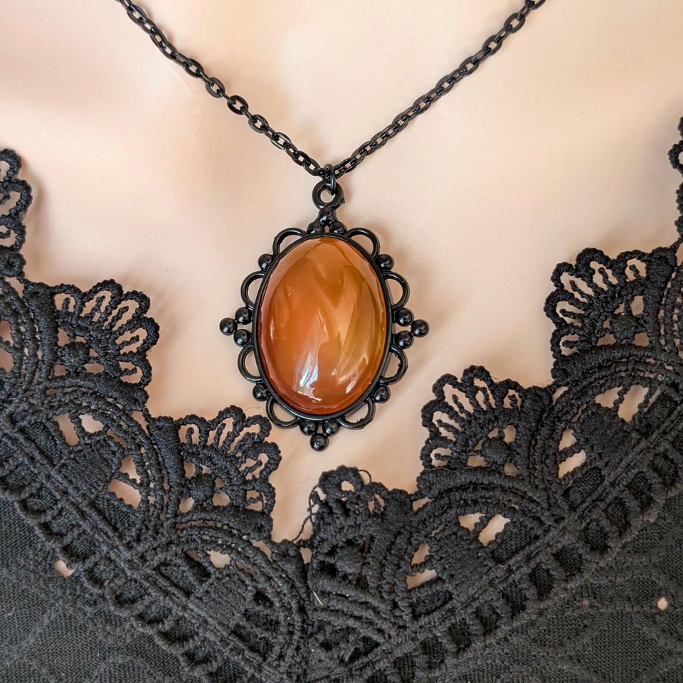 Oval Carnelian Necklace, Gothic Lacy Black Pendant, Natural Red Gemstone, Vintage Inspired Jewelry