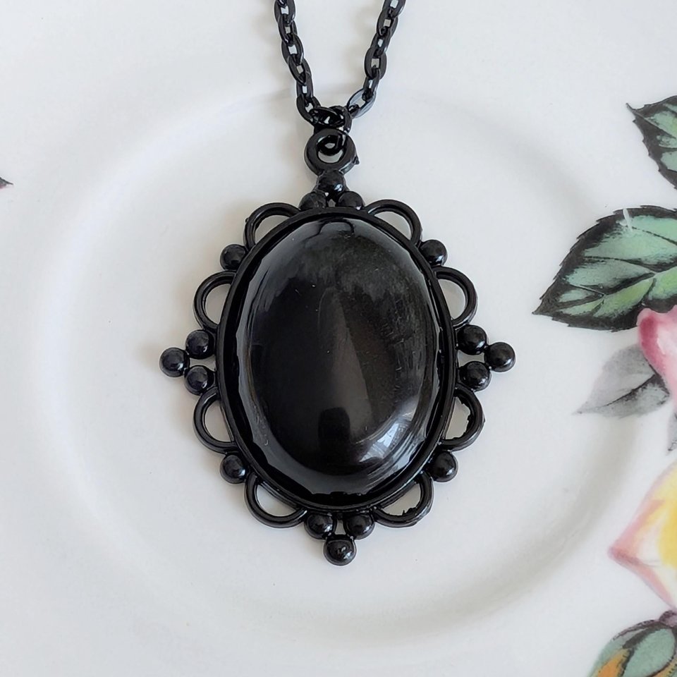 Oval Obsidian Necklace, Gothic Lacy Black Pendant, Natural Black Gemstone, Vintage Inspired Jewelry