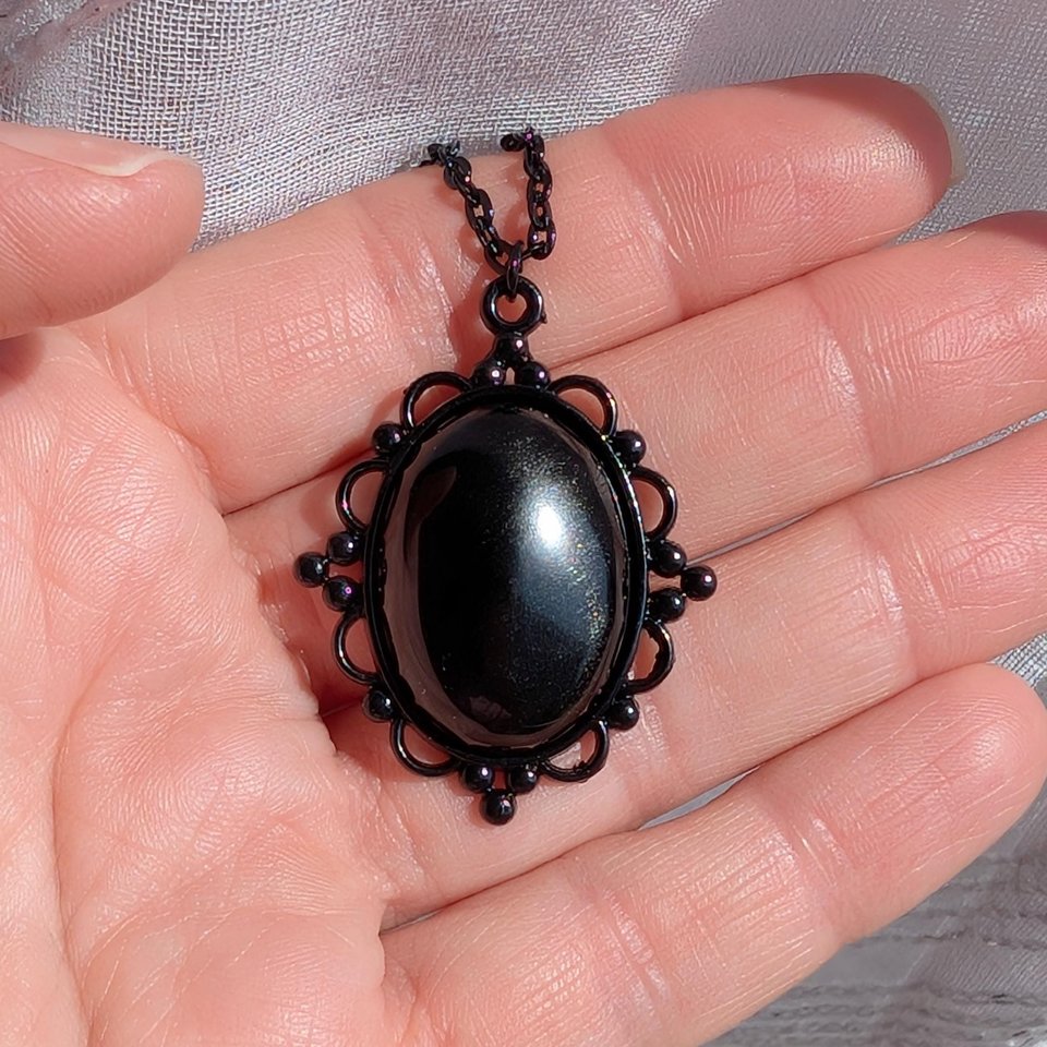 Oval Obsidian Necklace, Gothic Lacy Black Pendant, Natural Black Gemstone, Vintage Inspired Jewelry