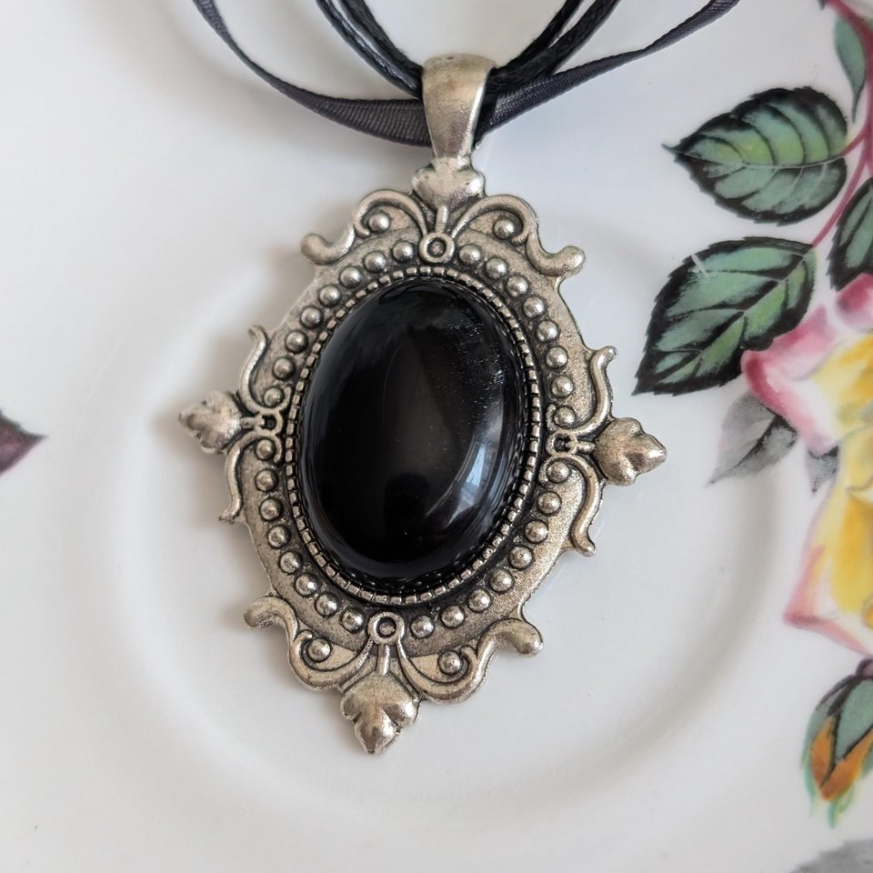 Carnelian Choker Necklace – Oval Stone Pendant in Silver Gothic Setting on Black Organza Ribbon