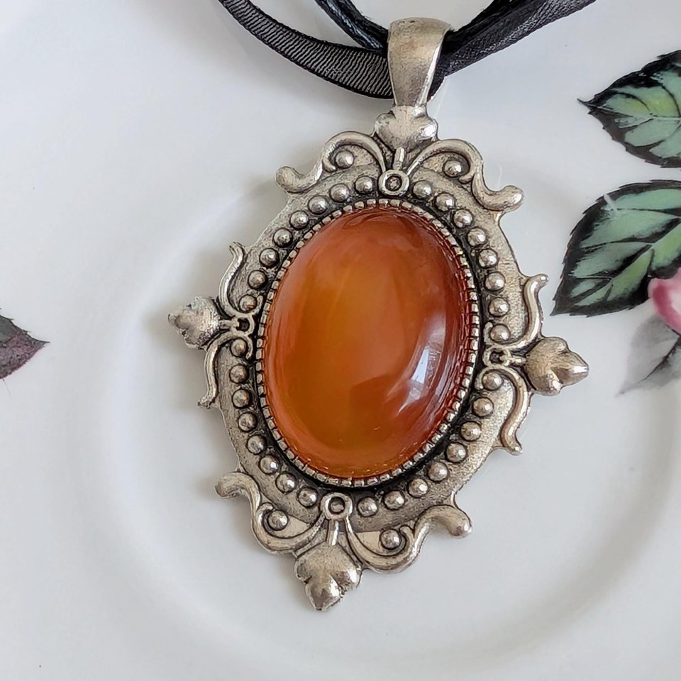 Carnelian Choker Necklace – Oval Stone Pendant in Silver Gothic Setting on Black Organza Ribbon