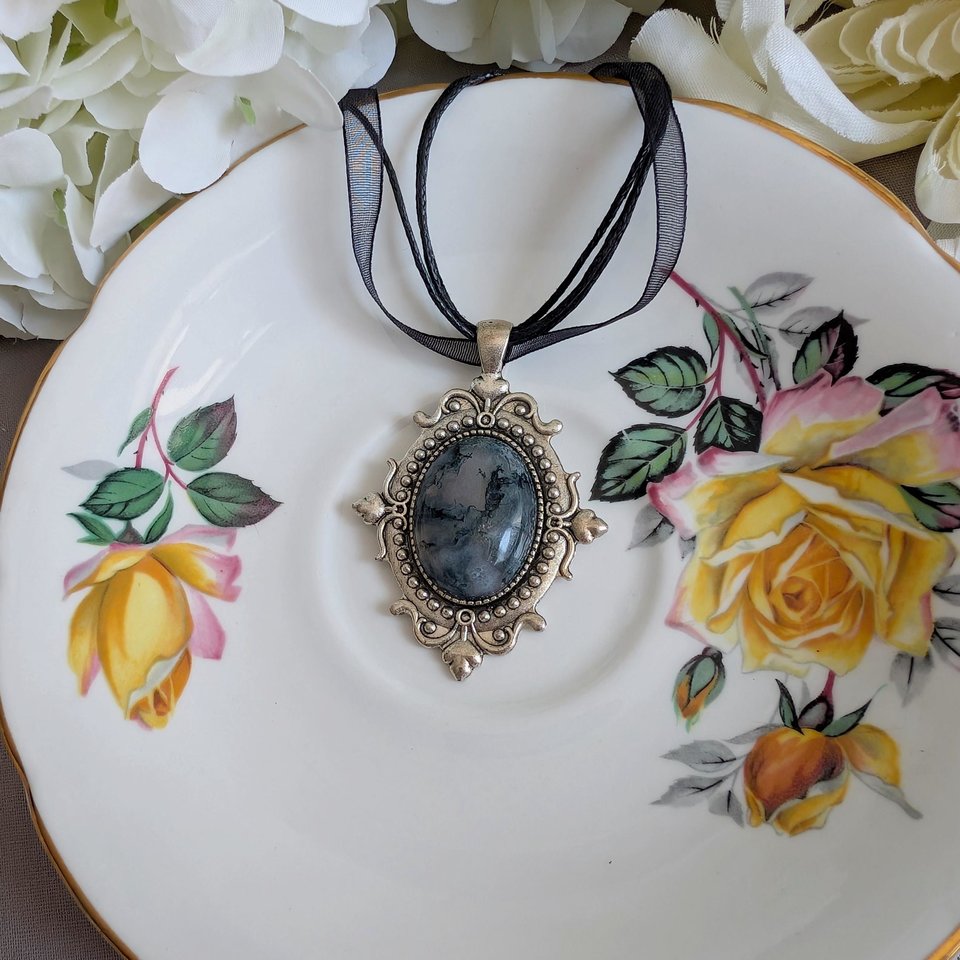 Carnelian Choker Necklace – Oval Stone Pendant in Silver Gothic Setting on Black Organza Ribbon