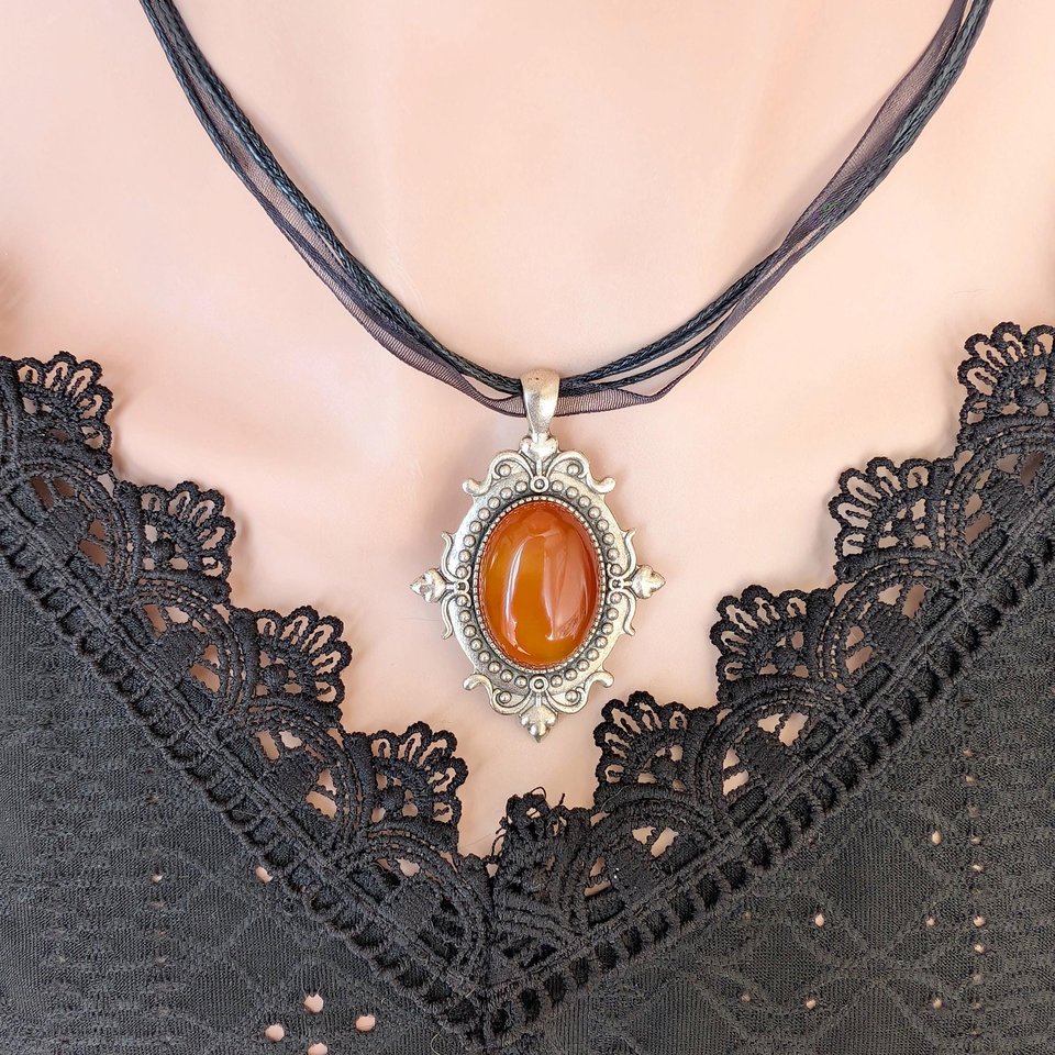 Carnelian Choker Necklace – Oval Stone Pendant in Silver Gothic Setting on Black Organza Ribbon