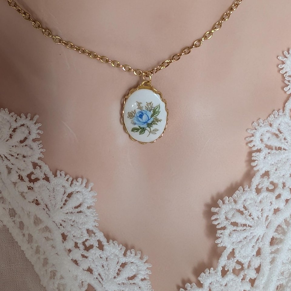 Regency Blue Rose Necklace, Vintage Inspired, Historical Costume Jewelry