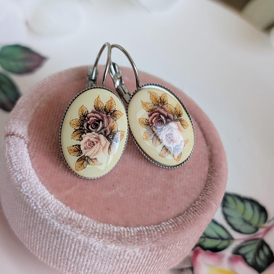 Limoges Inspired Rose Earrings, Vintage Floral Lever Back Earrings in Brass, Silver or Matte Black