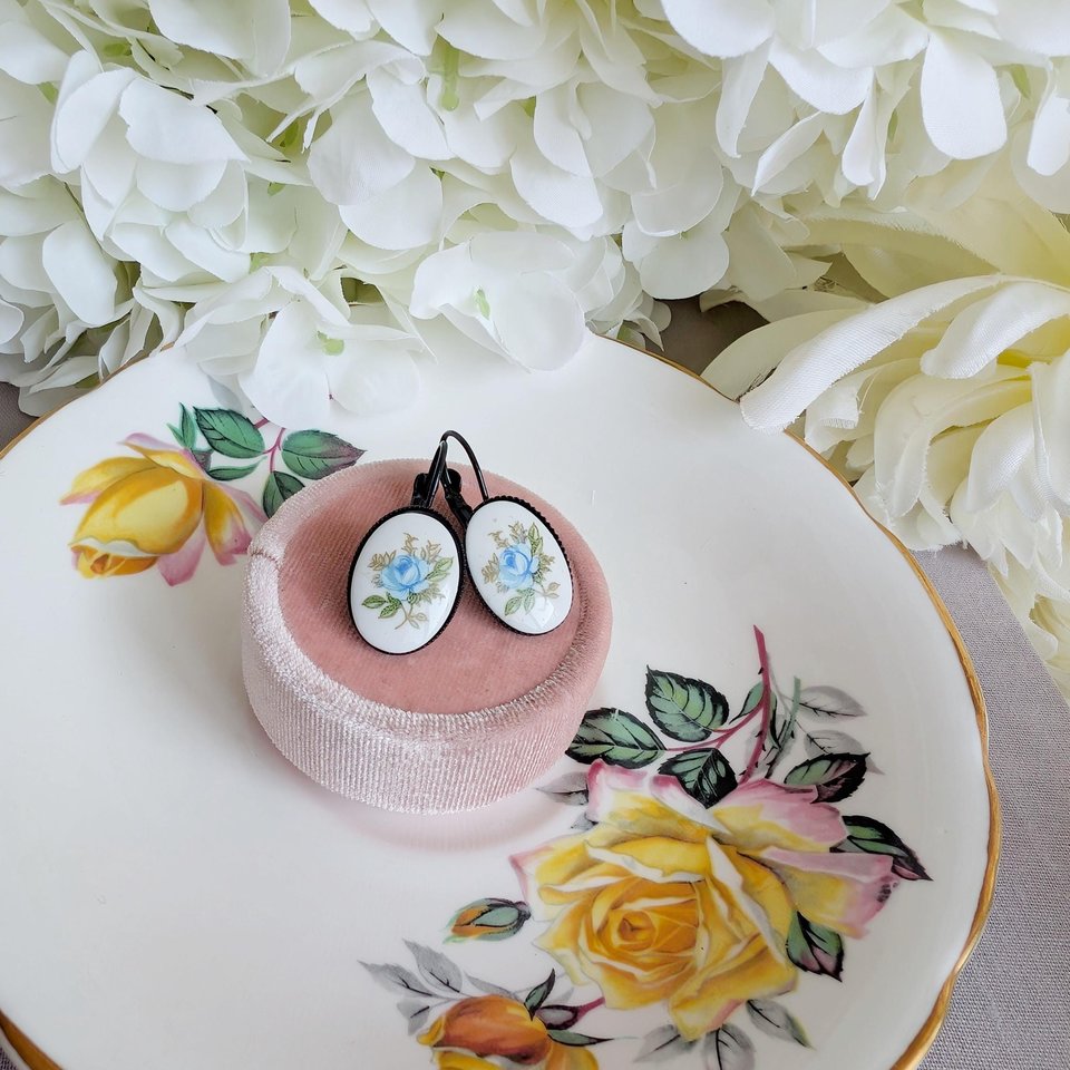 Limoges Inspired Blue Rose Earrings, Vintage Floral Lever Back Earrings in Brass, Silver or Matte Black