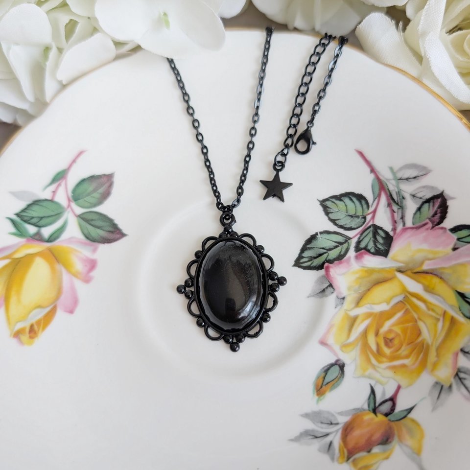Oval Obsidian Necklace, Gothic Lacy Black Pendant, Natural Black Gemstone, Vintage Inspired Jewelry