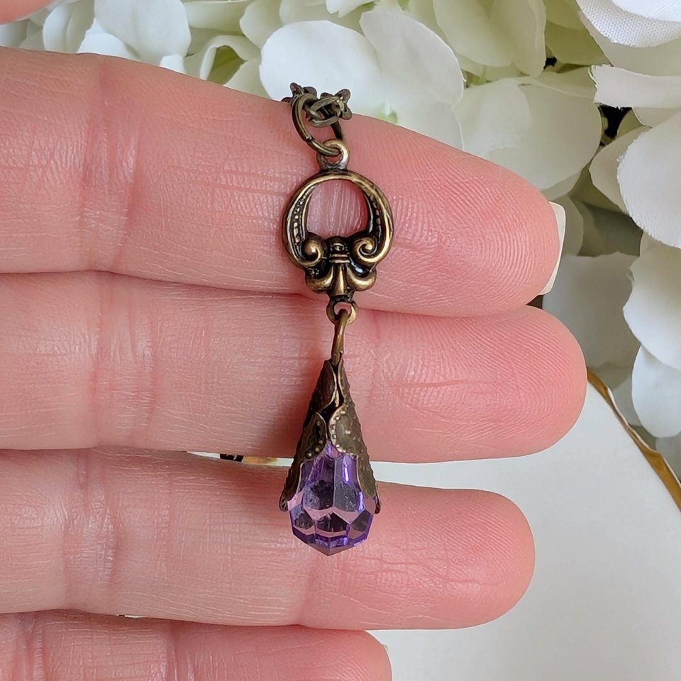 Purple Faceted Glass Pendant, Antique Brass Filigree Necklace, Vintage Romantic Jewelry