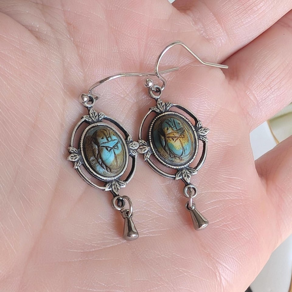 Scarab Earrings with Silver Ox Leaf Frame Pendants, Art Deco Jewelry with Egyptian Inspiration