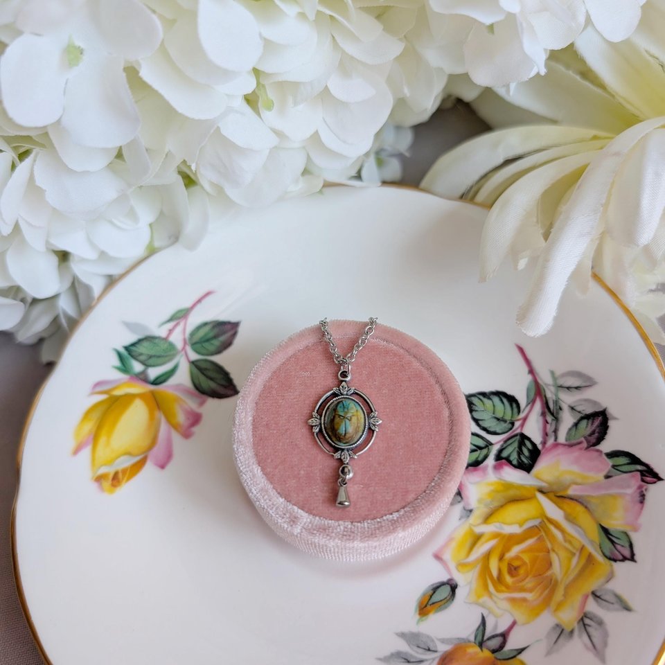 Scarab Necklace with Silver Ox Leaf Frame Pendant, Art Deco Jewelry with Egyptian Inspiration