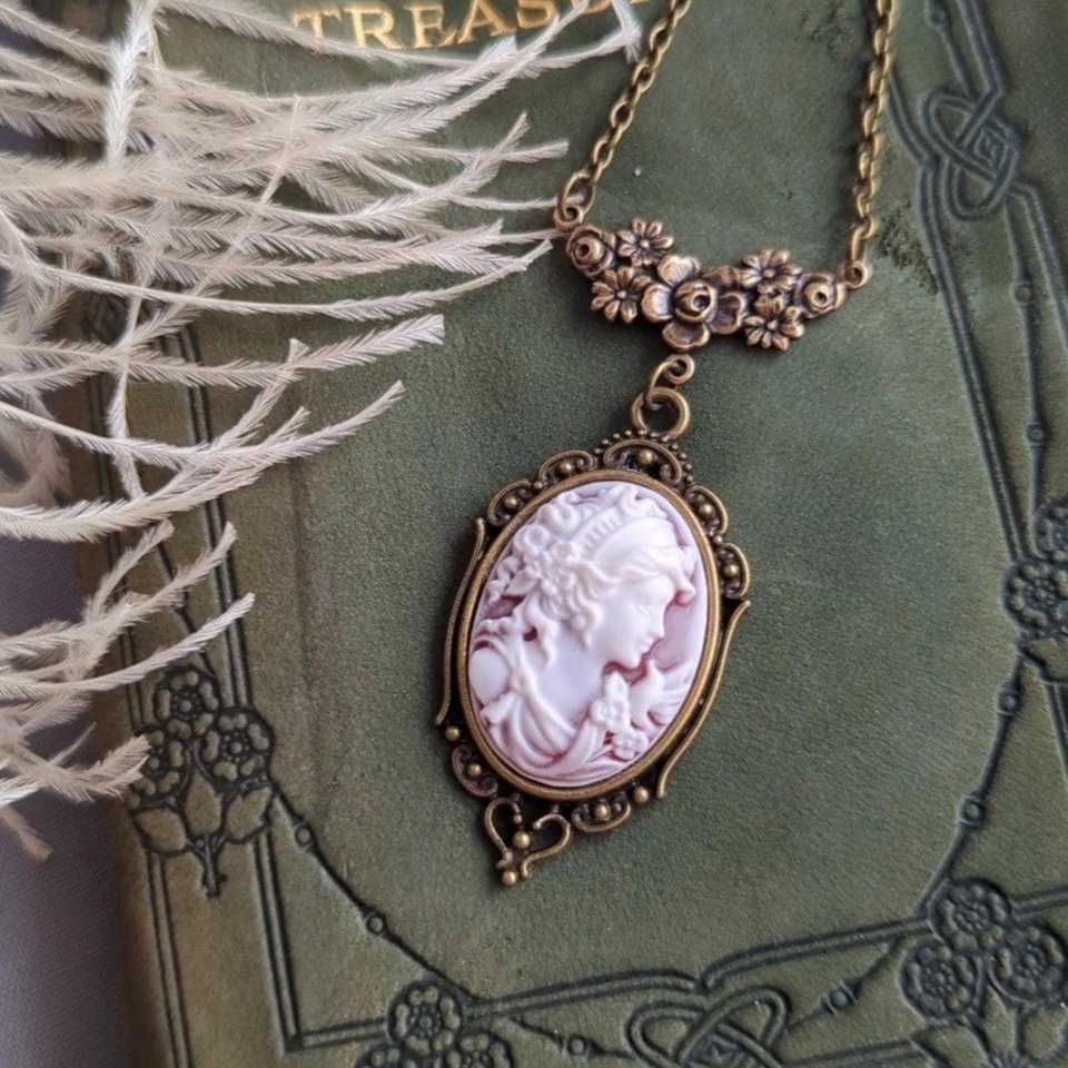 Victorian Goddess Cameo Necklace, Antique Brass Cameo Pendant, Vintage Wedding Jewelry