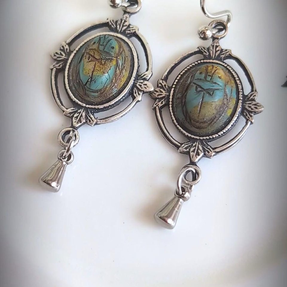 Scarab Earrings with Silver Ox Leaf Frame Pendants, Art Deco Jewelry with Egyptian Inspiration