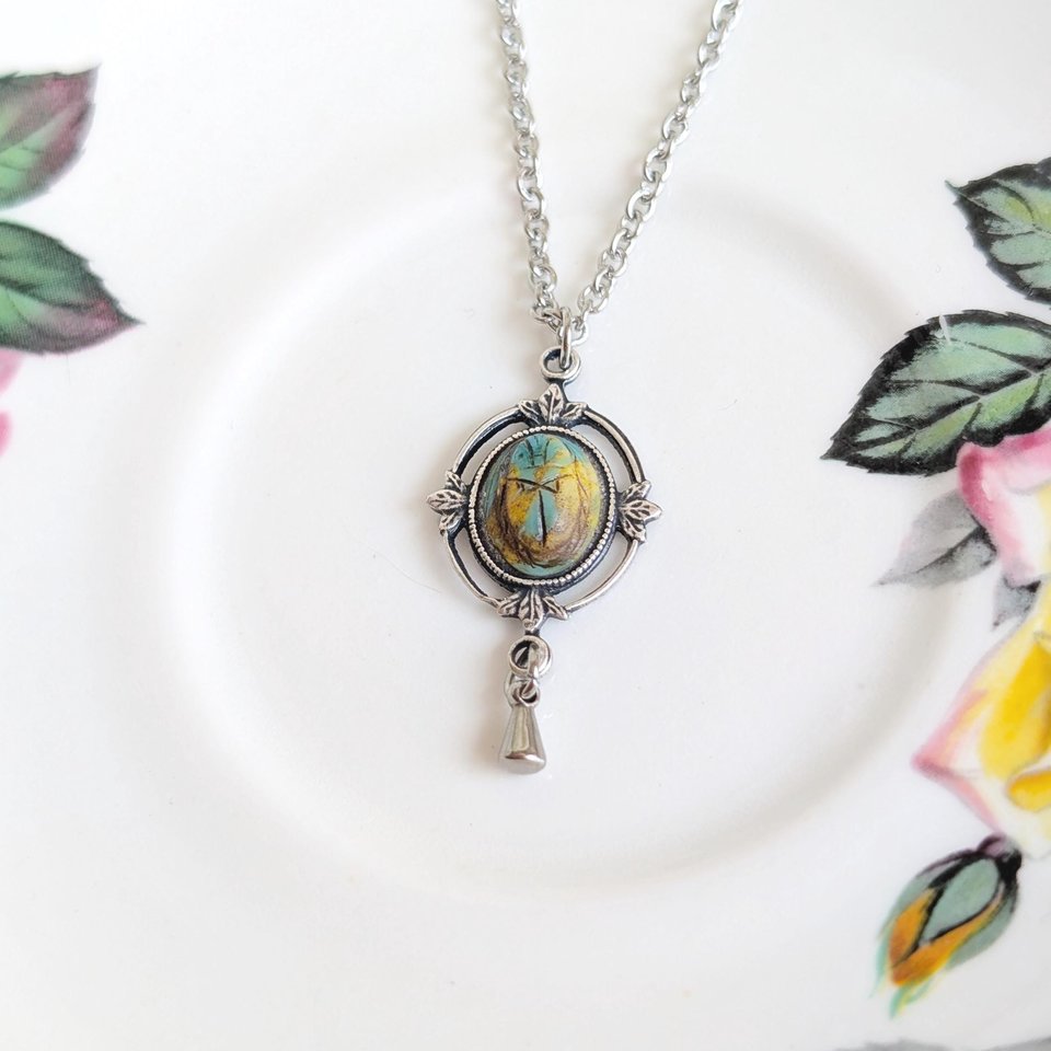 Scarab Necklace with Silver Ox Leaf Frame Pendant, Art Deco Jewelry with Egyptian Inspiration