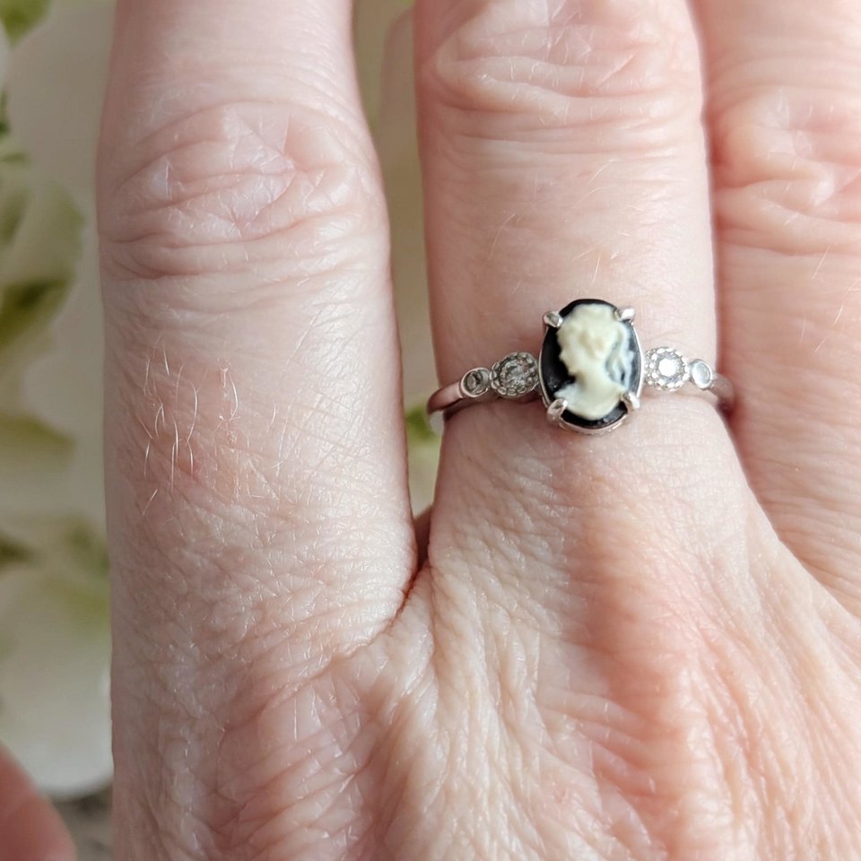 Dainty Cameo Ring with Cubic Zirconia, Sterling Silver Jewelry, Adjustable Size