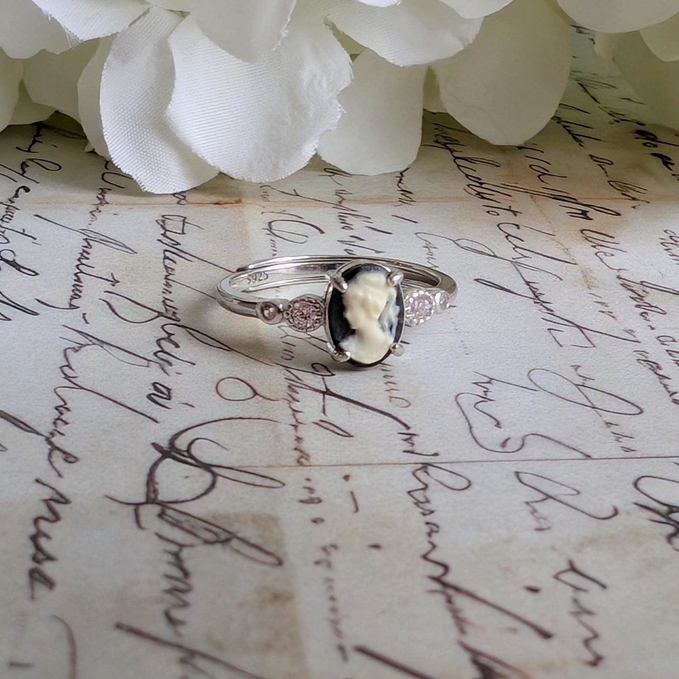 Dainty Cameo Ring with Cubic Zirconia, Sterling Silver Jewelry, Adjustable Size