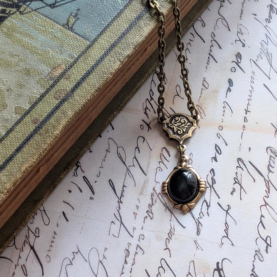 Onyx Necklace in Antiqued Brass, Historical Costume Jewelry, Black Stone Pendant