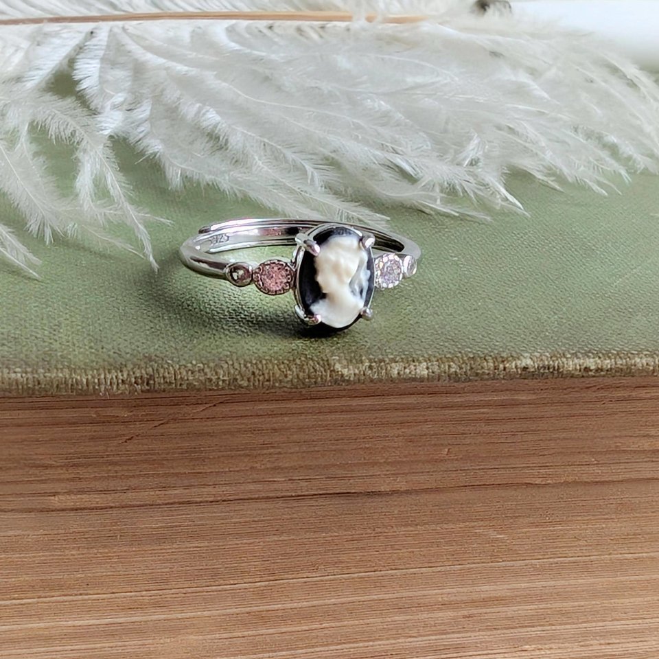 Dainty Cameo Ring with Cubic Zirconia, Sterling Silver Jewelry, Adjustable Size