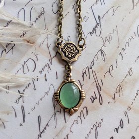Aventurine Necklace in Antiqued Brass, Historical Costume Jewelry, Green Stone Pendant
