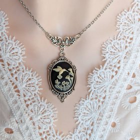 Black Hummingbird Cameo Necklace, Unique Bird Pendant Gift