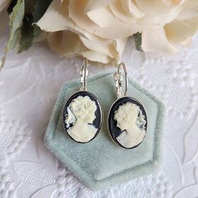 Black Cameo Earrings, Cameo Drop Earrings, Silver Lever Back Earrings, Lady Cameo Earrings, Victorian Earrings, Romantic Jewelry