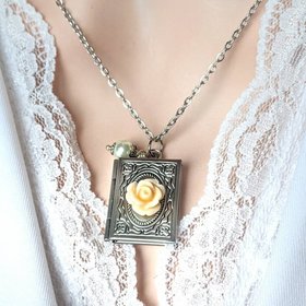Silver Book Locket Necklace with Flower, Book Club Gifts for Book Lovers, Librarian Gift Idea