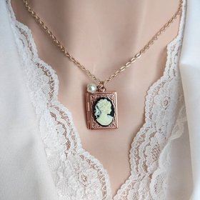 Book Locket Necklace, Rose Gold Locket, Cameo Necklace, Book Jewelry, Book Lover Gift, Librarian, Teacher Gift