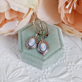 Blue Cameo Earrings, Silver Victorian Earrings, Cameo Jewelry, Historic Wedding Jewelry, Vintage Style Something Blue for Bride Earrings