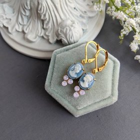 Blue Cameo Earrings, Rosewater Opal Earrings, Victorian Cameo Jewelry, Antique Replica, October Birthday Jewelry, Shabby Chic
