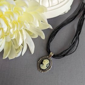 Gothic Cameo Pendant, Black Ribbon Choker Necklace, Victorian Bridal Jewelry, Black Wedding