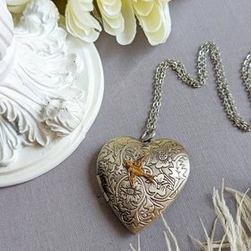 Heart Locket Pendant with Silver Swallow, Romantic Gift for Her