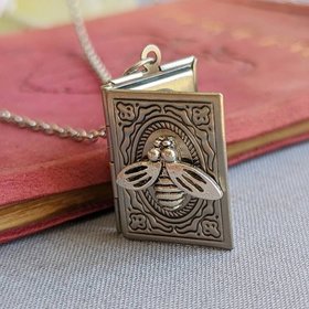 Bee Locket Necklace, Silver Book Locket, Tiny Silver Bee Necklace, Book Lover, Light Academia, Book Club Gift, Gift for Librarian