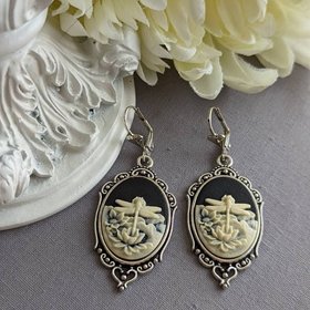Cameo Earrings, Black and Ivory Dragonfly Cameo Earrings, Statement Earrings, Vintage Style Art Nouveau Jewelry, Nature Inspired Insect