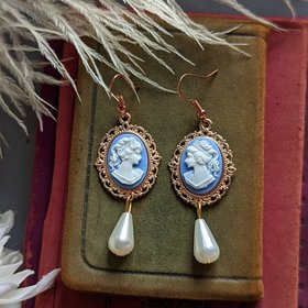Blue Cameo Pearl Earrings, 14k Rose Gold Plated Earrings, Victorian Jewelry, Romantic Vintage Style, Light Academia, Pearlcore