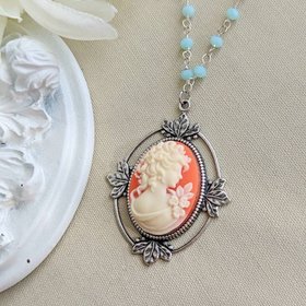 Retro Cameo Necklace with Aqua Chalcedony Rosary Chain, Vintage Style Pendant, Shabby Chic Romantic Jewelry Gift 