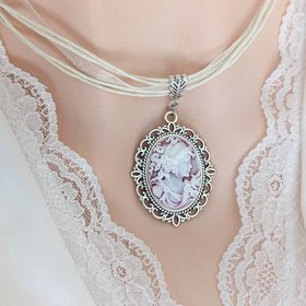 Cameo Necklace with Ribbon Choker, Victorian Bridal Jewelry, Historical Costume
