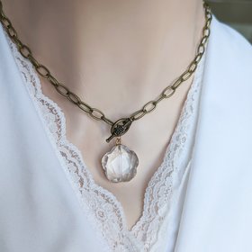 Crystal Choker Necklace with Paperclip Chain, Clover Pendant Necklace, Rustic Chic Boho Jewelry