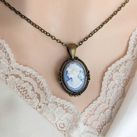 Blue Cameo Necklace, Vintage Style Cameo Jewelry