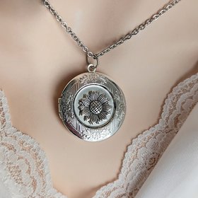 Silver Sunflower Locket Necklace, Round Silver Locket Pendant, Keepsake Gift 