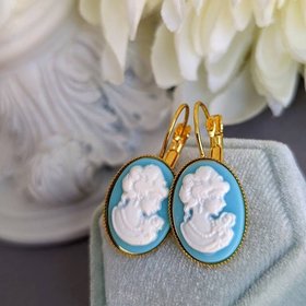 Blue Lady Cameo Earrings, Vintage Portrait, Gold Plated Lever Back Earrings, Victorian Jewelry