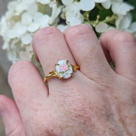 Pink Flower Limoges Style Ring, Gold Vermeil over 925 Sterling Silver Ring, Victorian Cameo Jewelry, Adjustable size, Gift For Her