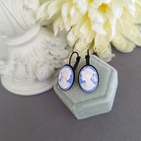 Blue Cameo Leverback Earrings, Romantic Jewelry