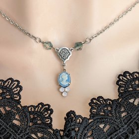 Tiny Blue Cameo Necklace with Rosewater Opals, Vintage Style Pendant, Shabby Chic, Gift for Her, Dainty Necklace, Regency Era